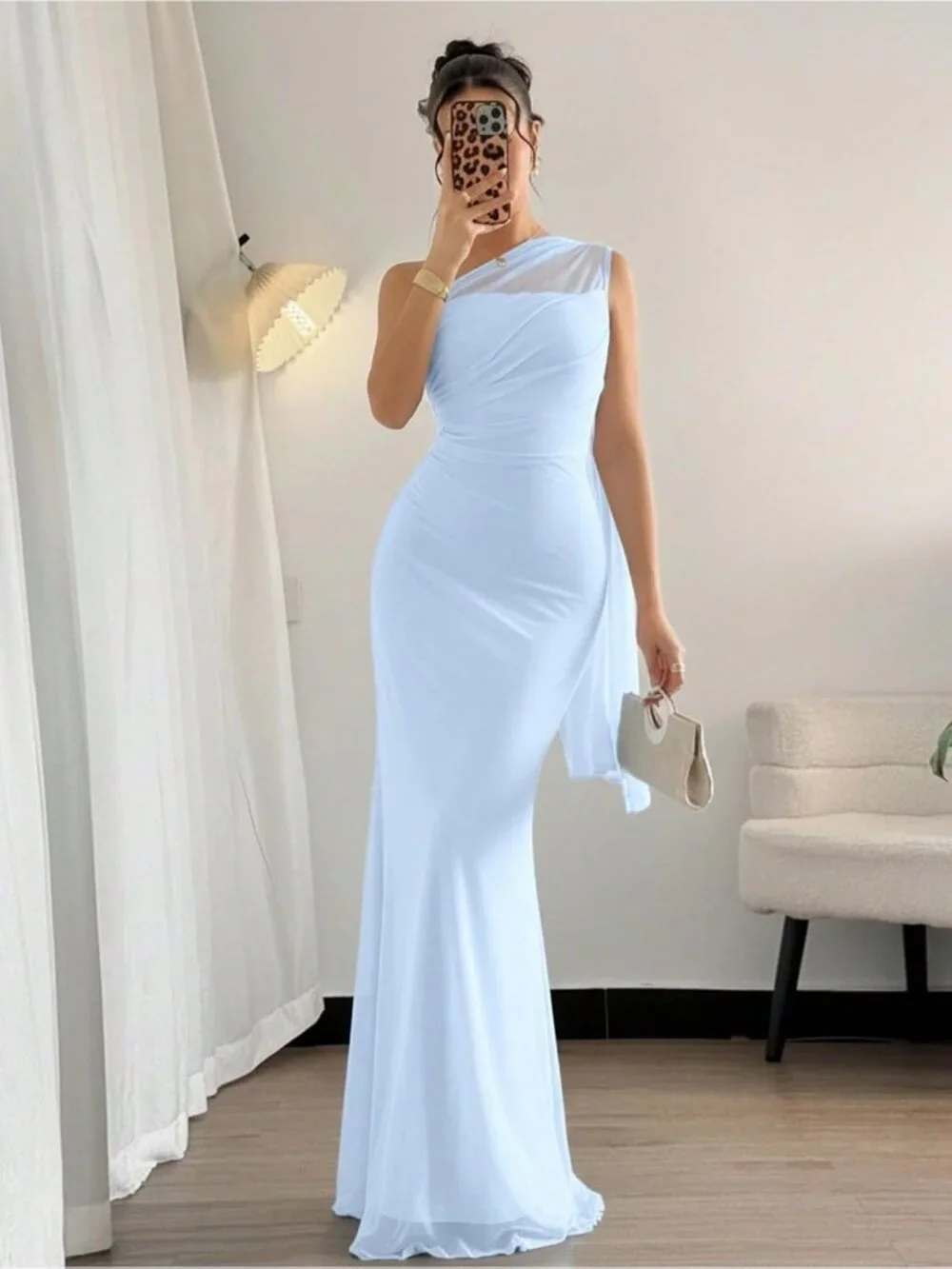 Women's Blue Off The Shoulder Mid Waist Mermaid Cocktail Maxi Dress